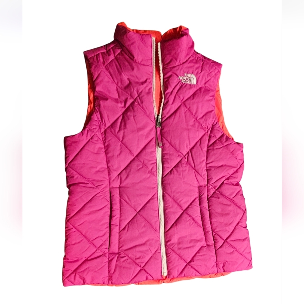 The North Face Pink Orange Quilted Reversible Vest Girls Large 14/16